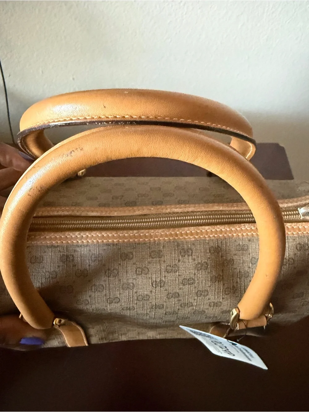 Vintage Gucci Micro GG Supreme Mini Boston Bag. Beige and gold PVC leather